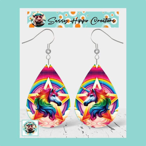 Earrings Colorful Unicorn Rainbow Star Printed on MDF with Hook Backs Sublimated - Picture 1 of 4